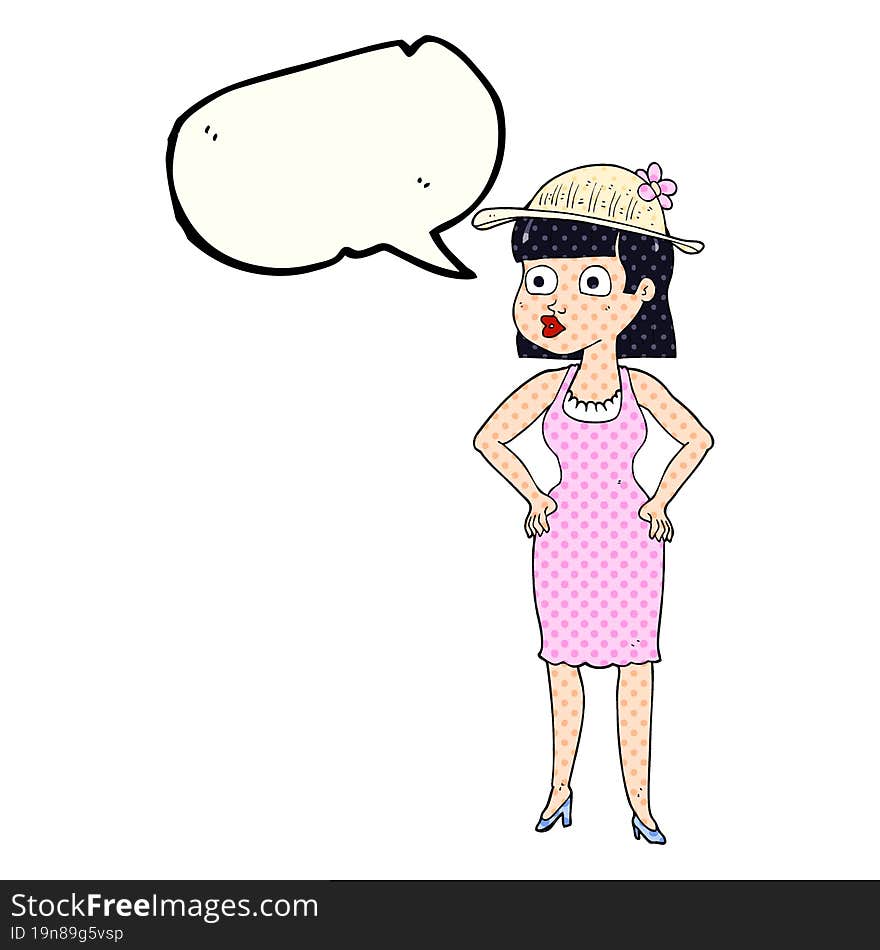 freehand drawn comic book speech bubble cartoon woman wearing sun hat