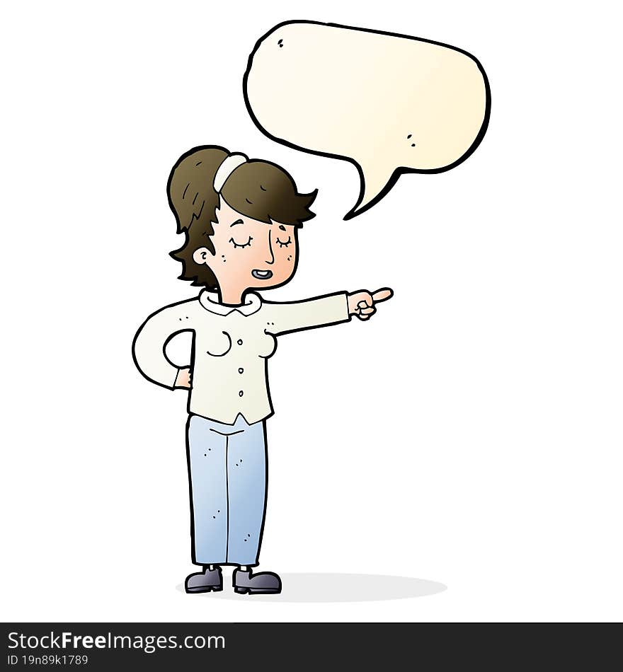 cartoon friendly woman pointing with speech bubble