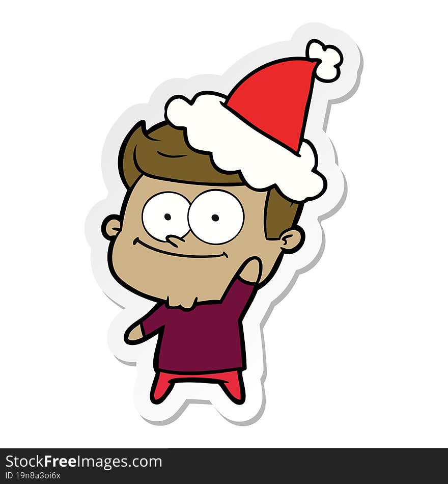 hand drawn sticker cartoon of a happy man wearing santa hat