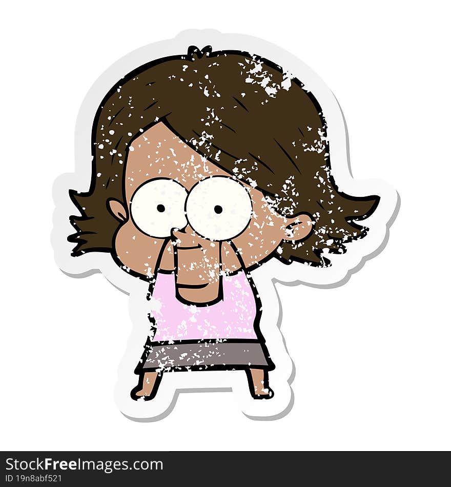 distressed sticker of a happy cartoon girl