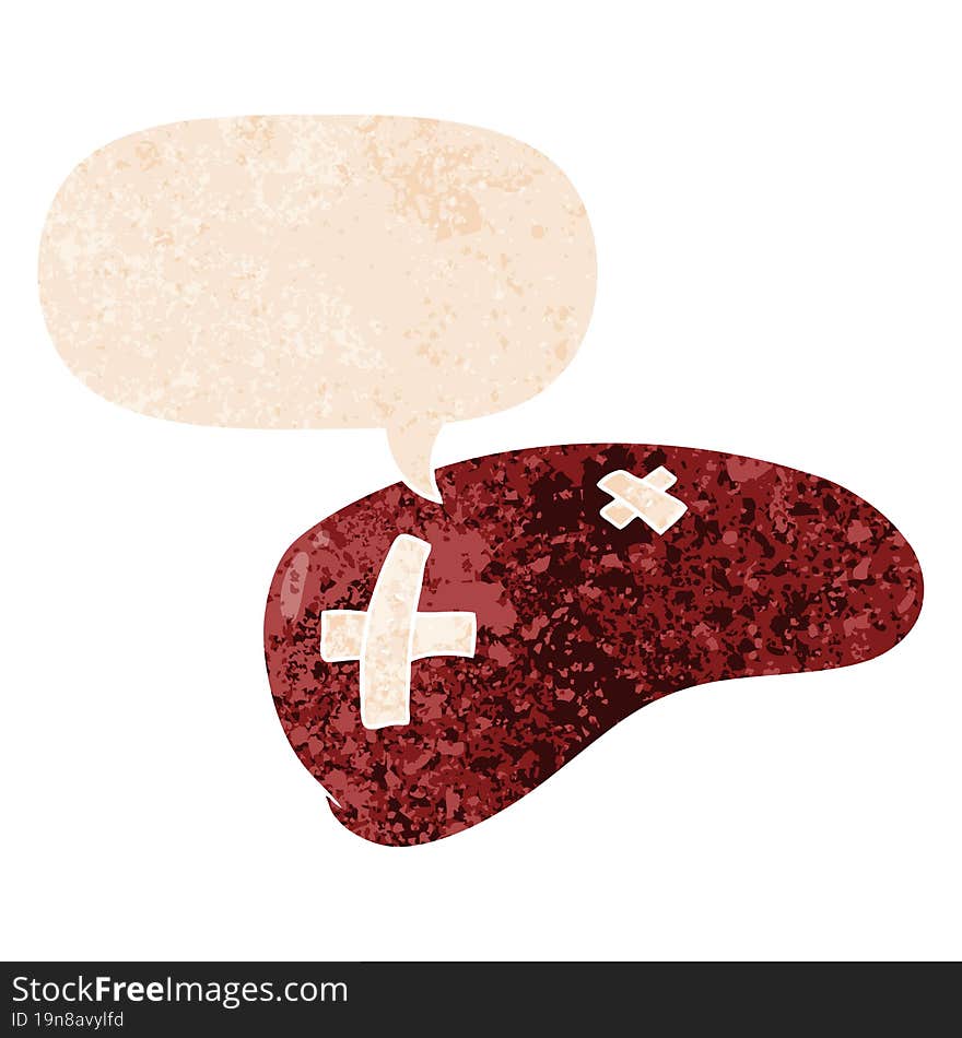 cartoon repaired liver and speech bubble in retro textured style