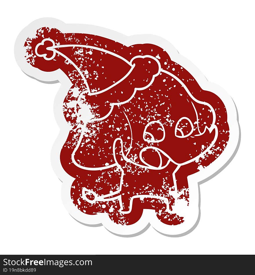 cute cartoon distressed sticker of a elephant wearing santa hat