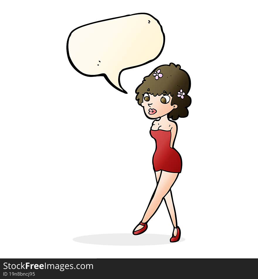 cartoon woman posing in dress with speech bubble