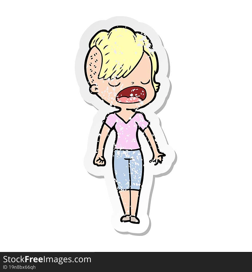 Distressed Sticker Of A Cartoon Cool Hipster Girl Talking