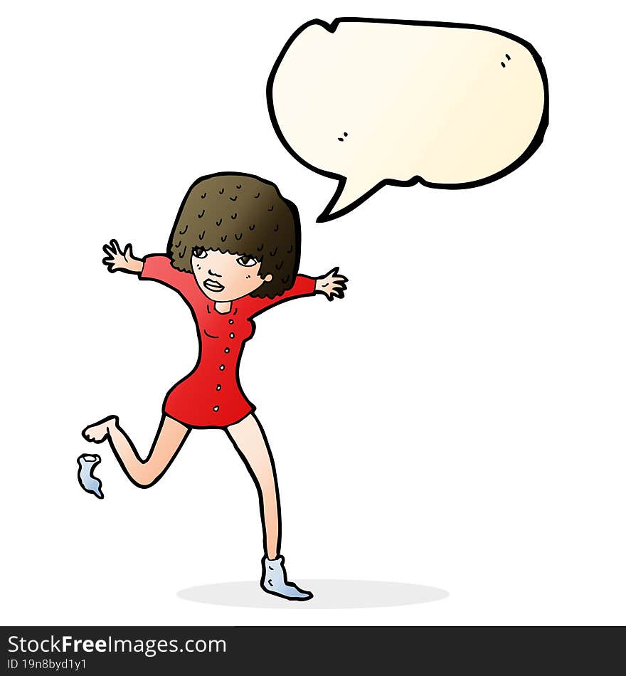 cartoon woman kicking off sock with speech bubble