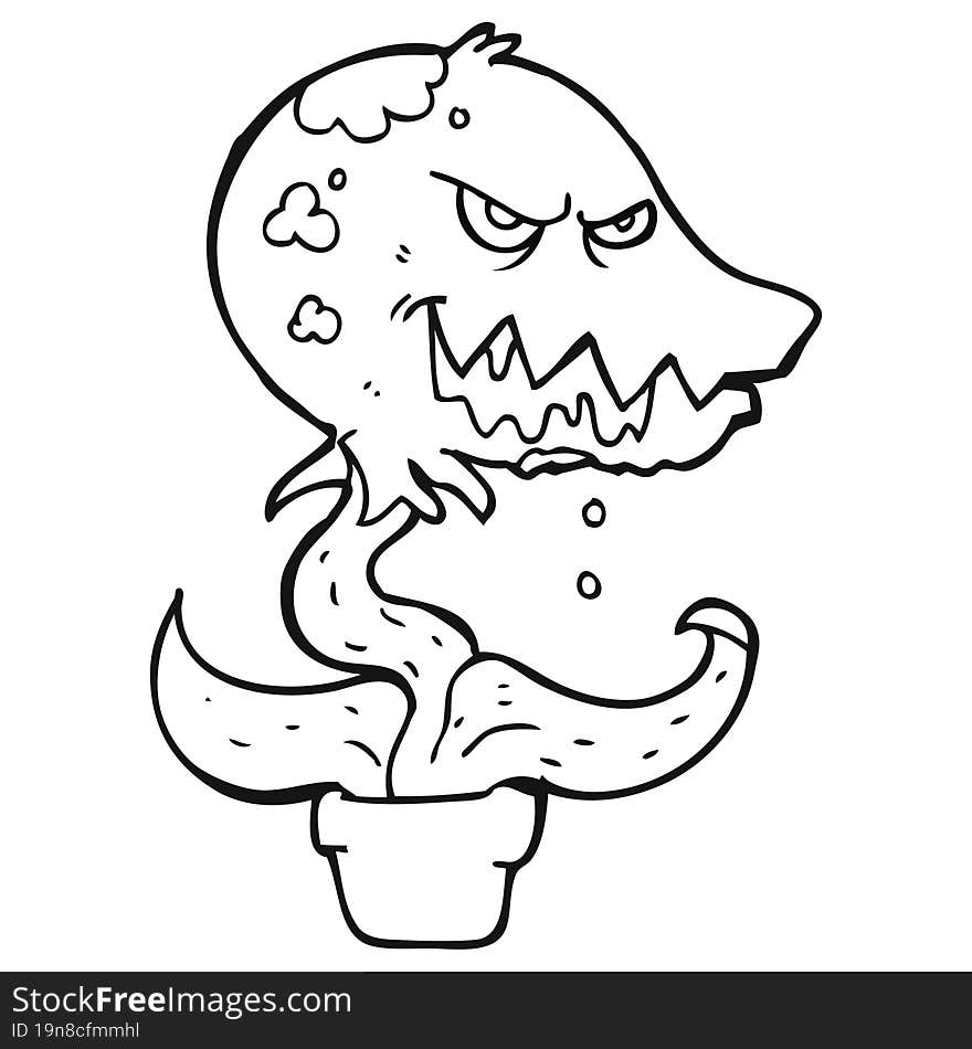 freehand drawn black and white cartoon monster plant