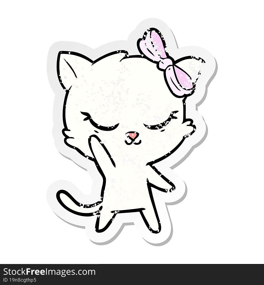 distressed sticker of a cute cartoon cat with bow