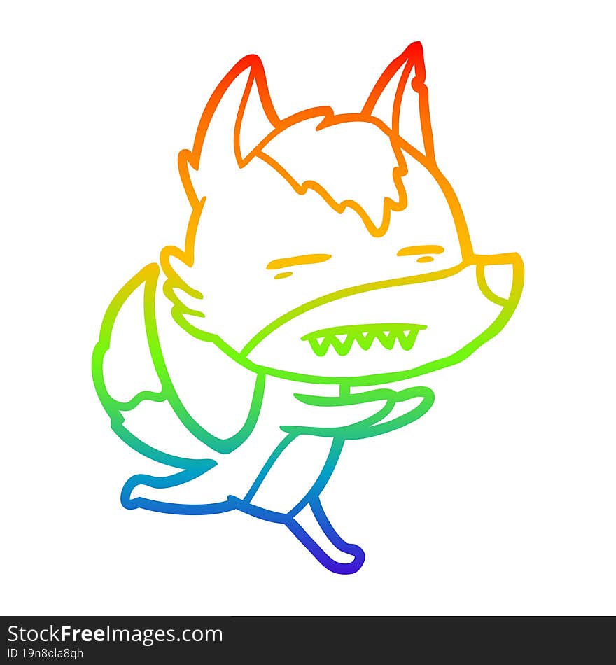 rainbow gradient line drawing of a cartoon wolf showing teeth