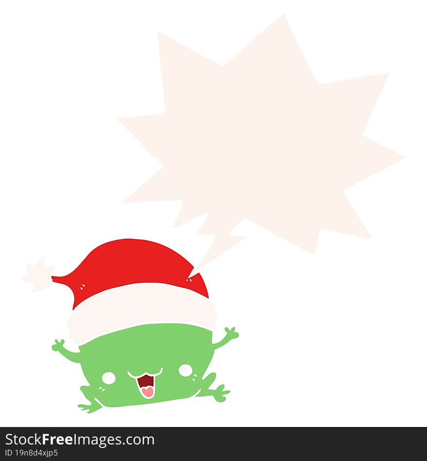 cute cartoon christmas frog and speech bubble in retro style