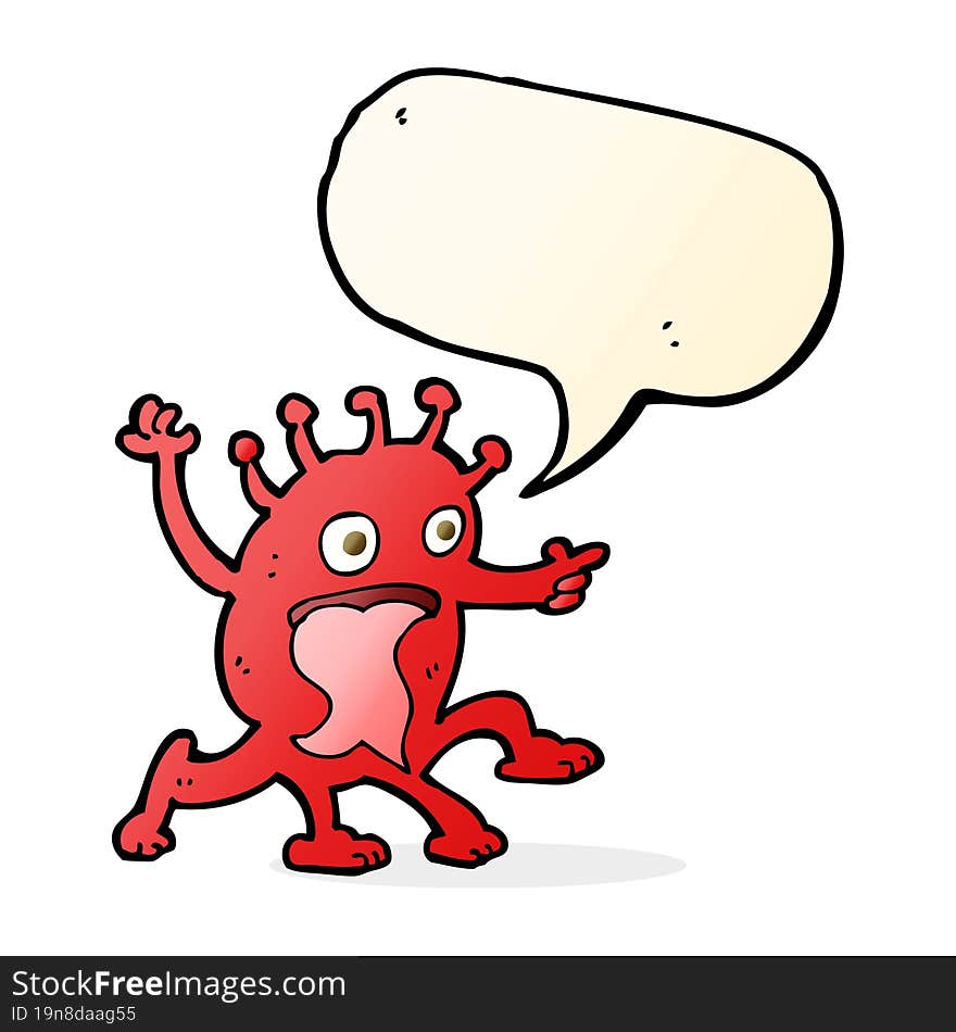 cartoon weird little alien with speech bubble