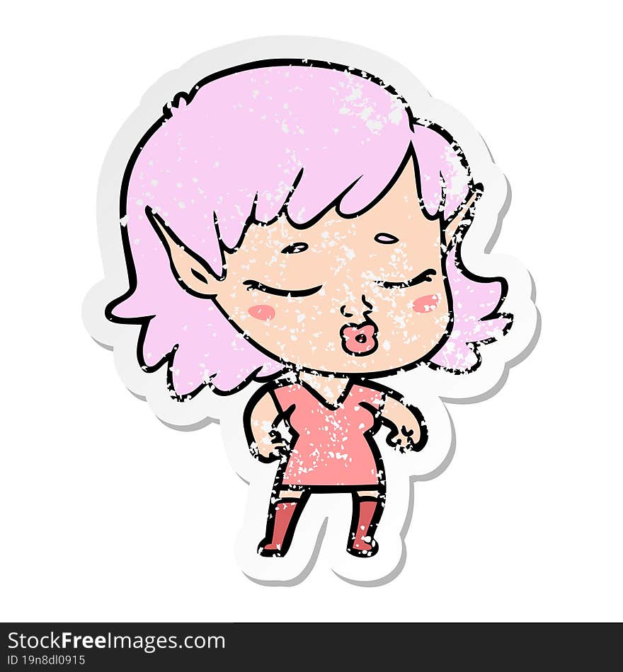 distressed sticker of a pretty cartoon elf girl