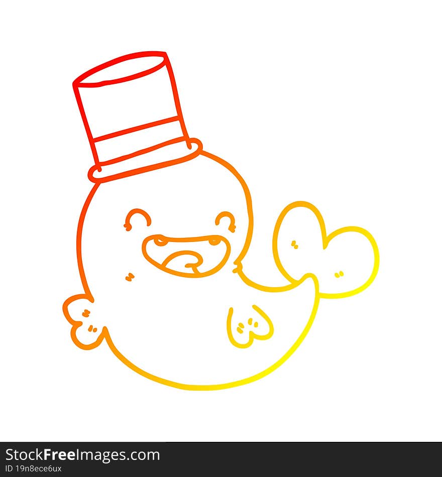 Warm Gradient Line Drawing Cartoon Laughing Whale With Top Hat