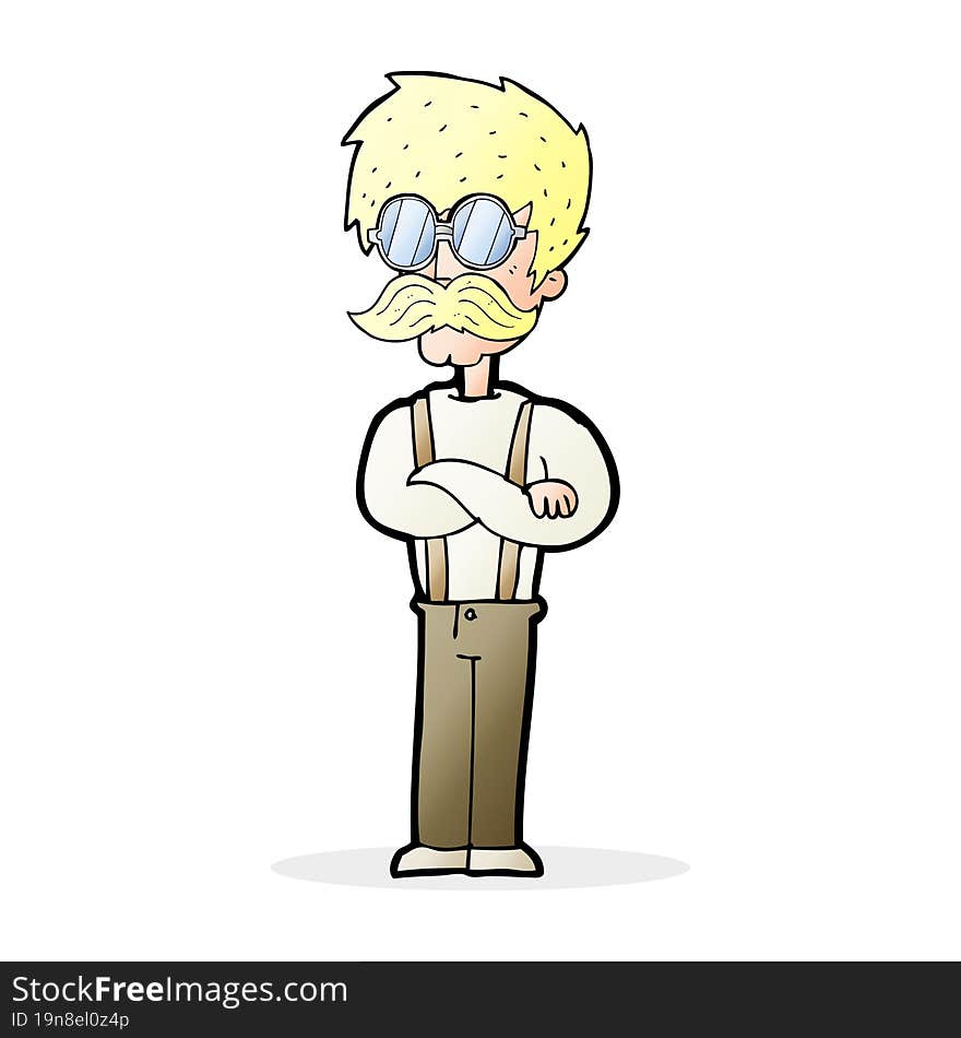 cartoon hipster man with mustache and spectacles