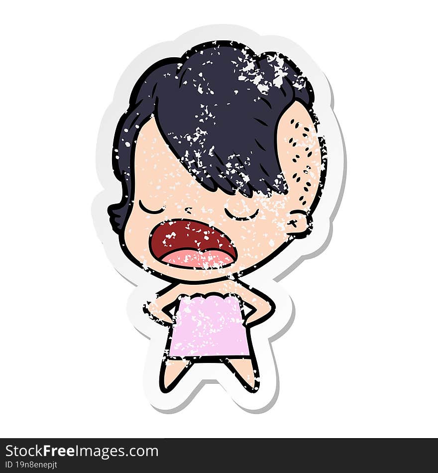 Distressed Sticker Of A Cartoon Cool Hipster Girl Talking