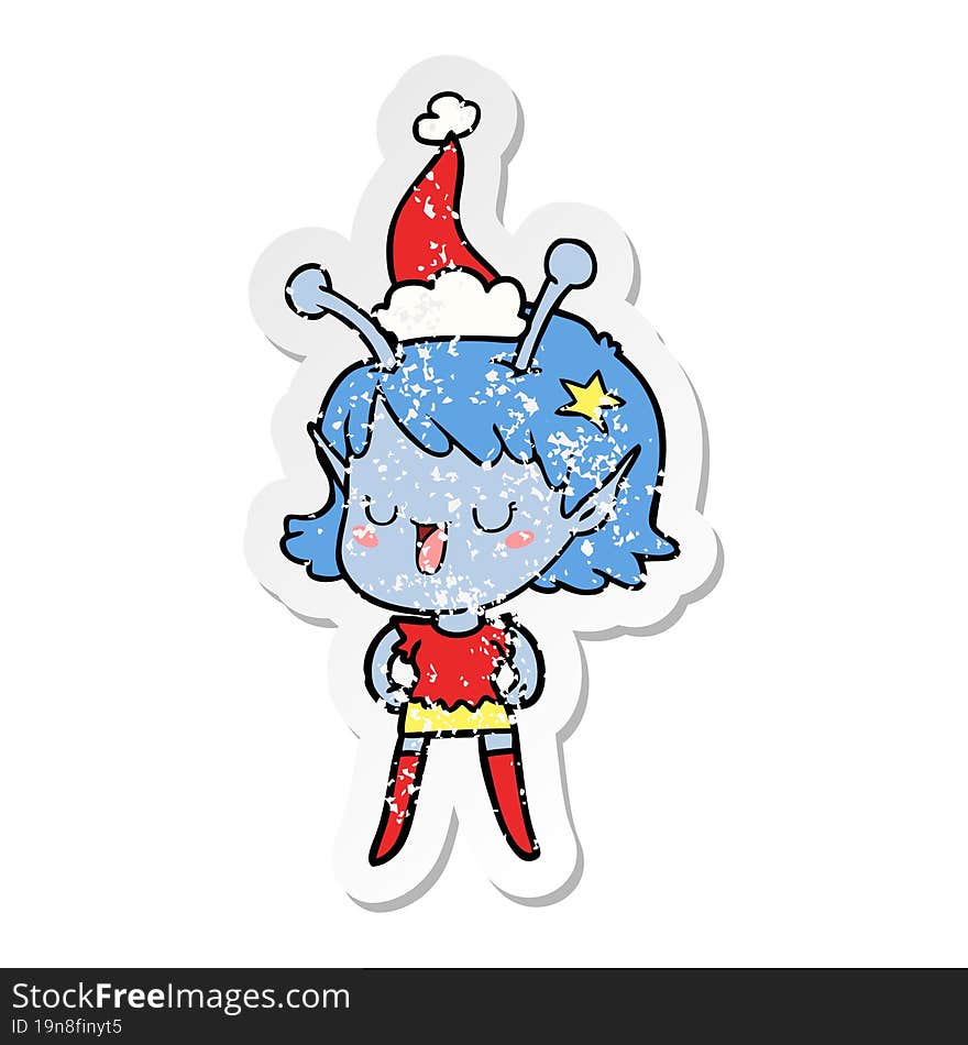 happy alien girl distressed sticker cartoon of a wearing santa hat