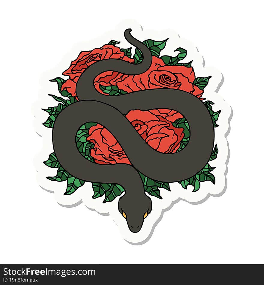 sticker of tattoo in traditional style of snake and roses. sticker of tattoo in traditional style of snake and roses