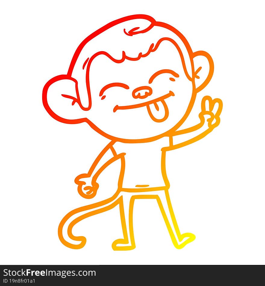 Warm Gradient Line Drawing Funny Cartoon Monkey Making Peace Sign