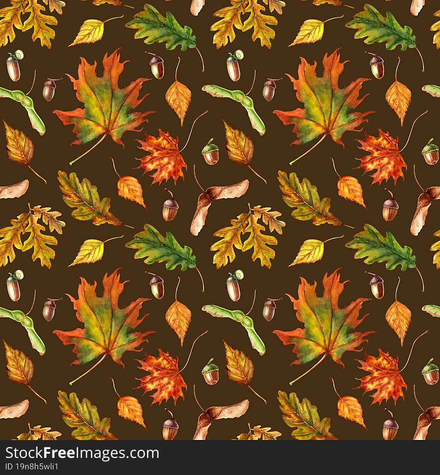 Watercolor seamless pattern with autumn oak, maple, birch colorful leaves and seeds. Hand drawn watercolor illustration. For wrapping, decor, textile, fabric. Watercolor seamless pattern with autumn oak, maple, birch colorful leaves and seeds. Hand drawn watercolor illustration. For wrapping, decor, textile, fabric.