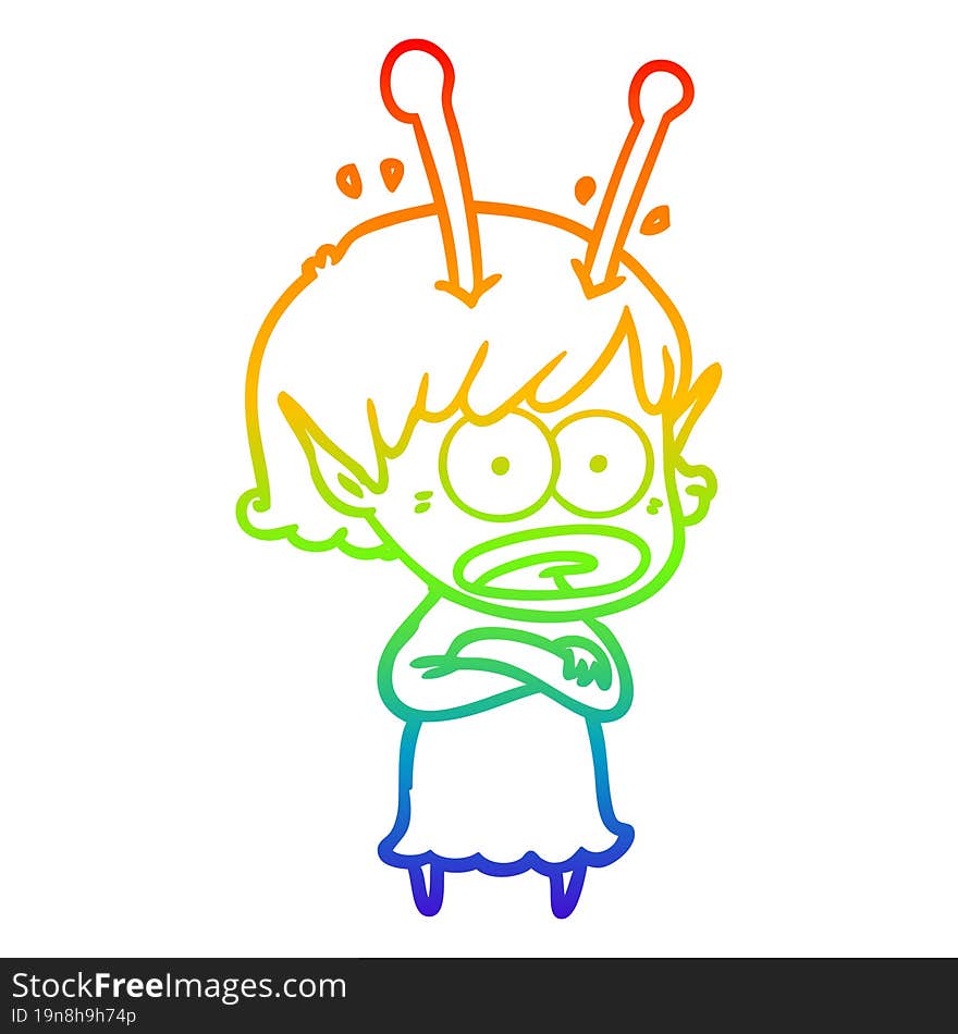 rainbow gradient line drawing cartoon shocked alien girl