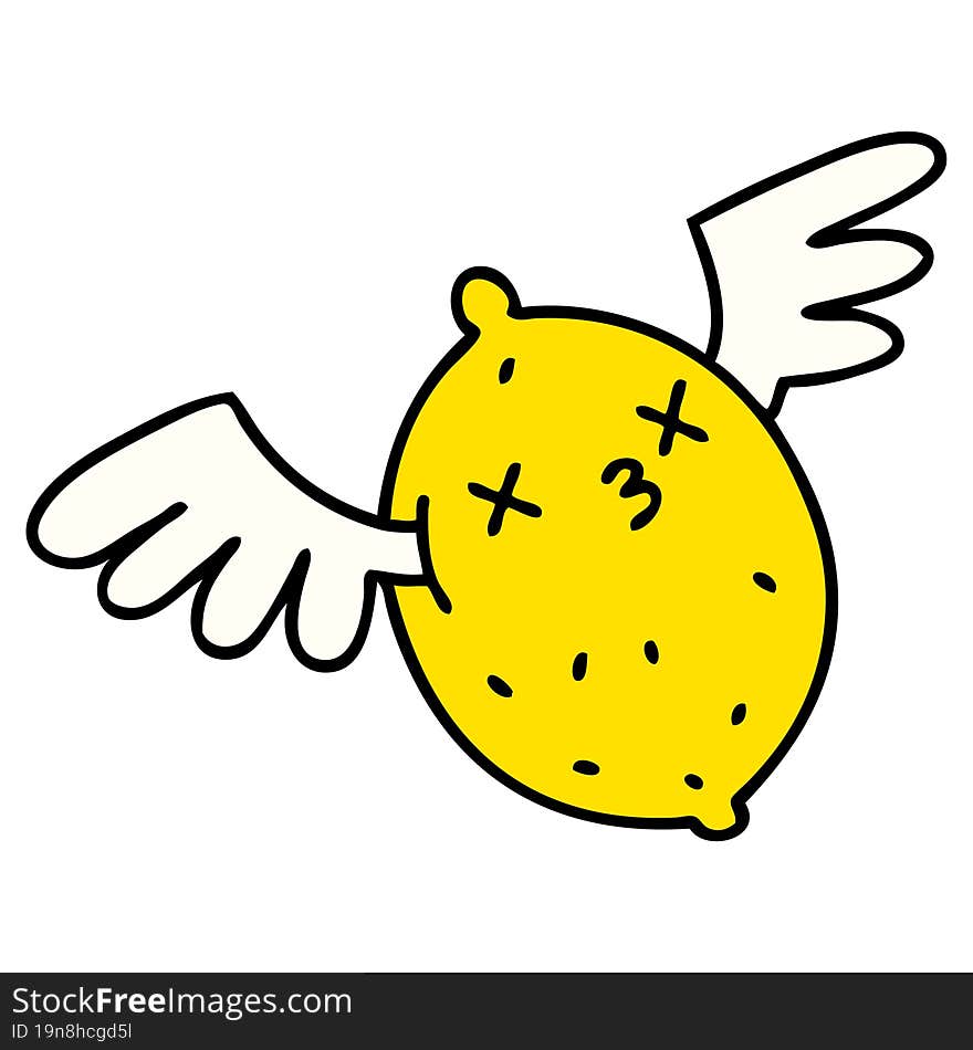 cartoon of a dead lemon flying up to heaven on angel wings