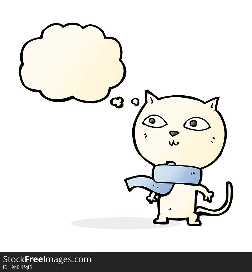 cartoon funny cat wearing scarf with thought bubble