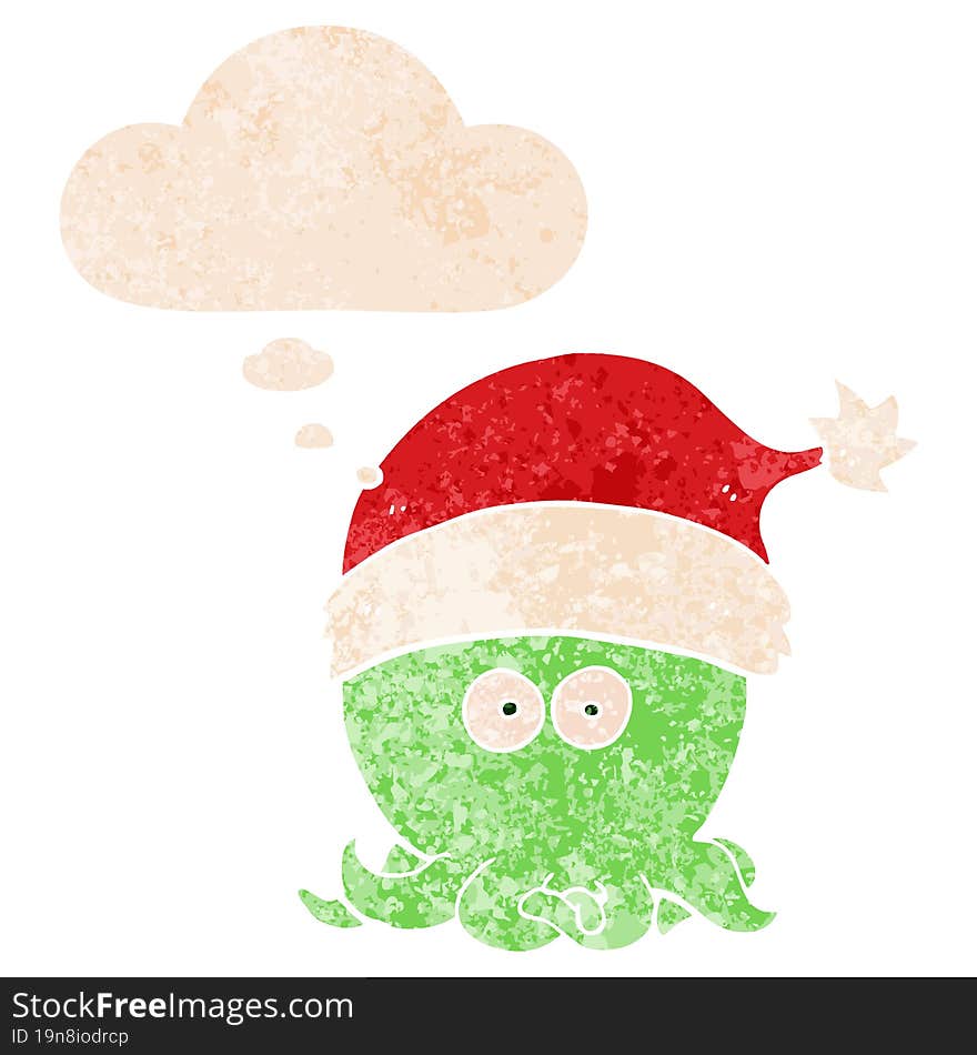 cartoon octopus wearing christmas hat and thought bubble in retro textured style