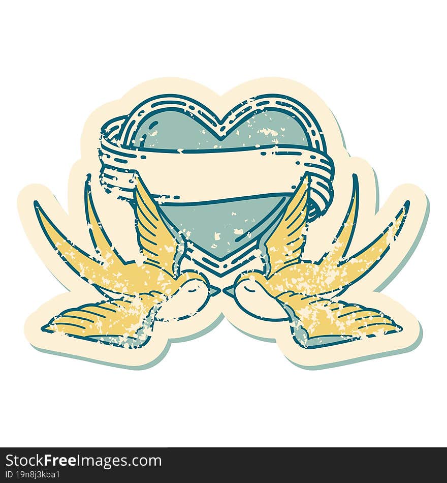 iconic distressed sticker tattoo style image of swallows and a heart with banner. iconic distressed sticker tattoo style image of swallows and a heart with banner