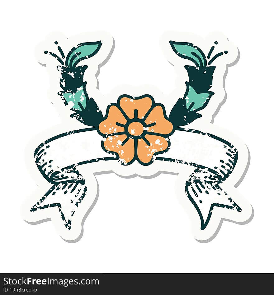 worn old sticker with banner of a decorative flower. worn old sticker with banner of a decorative flower