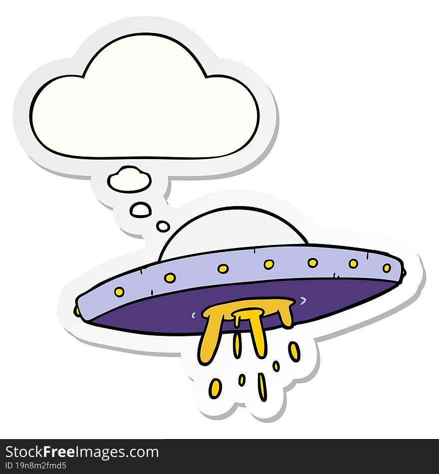 cartoon flying UFO and thought bubble as a printed sticker