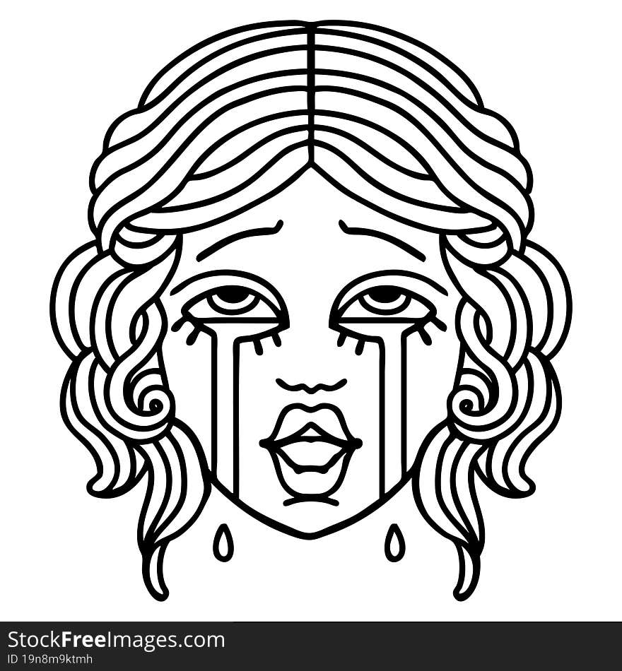 black line tattoo of a very happy crying female face