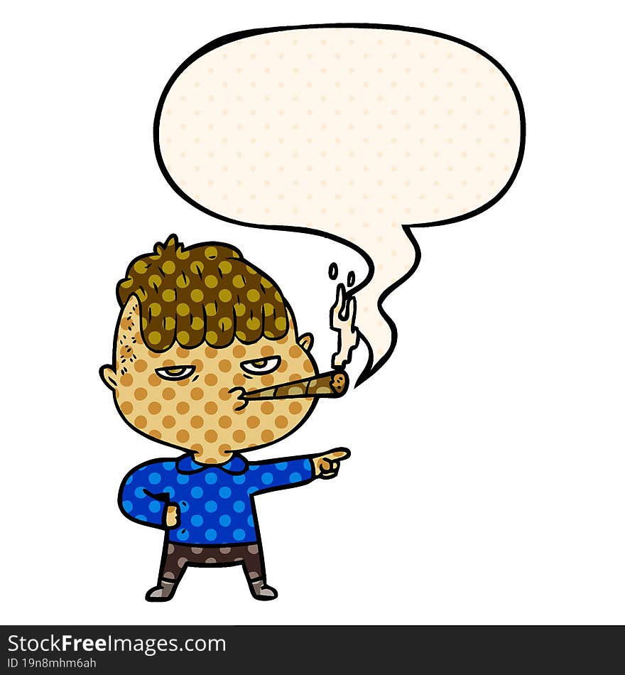 cartoon man smoking and speech bubble in comic book style