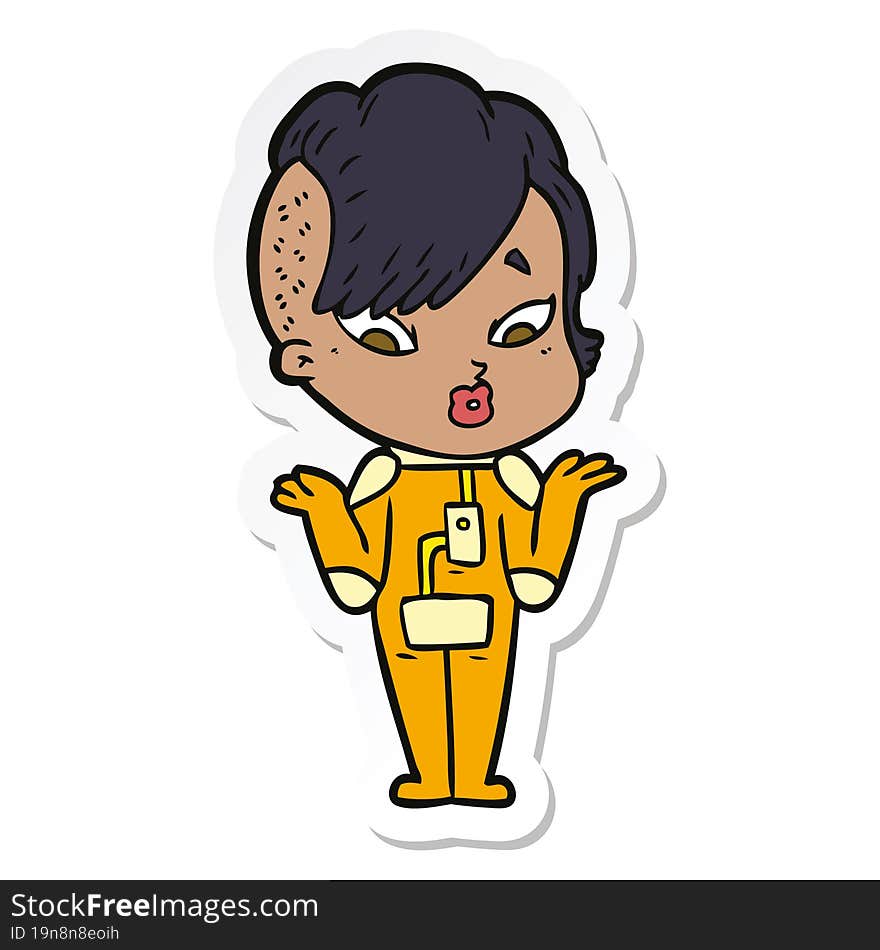 sticker of a cartoon surprised girl in science fiction clothes