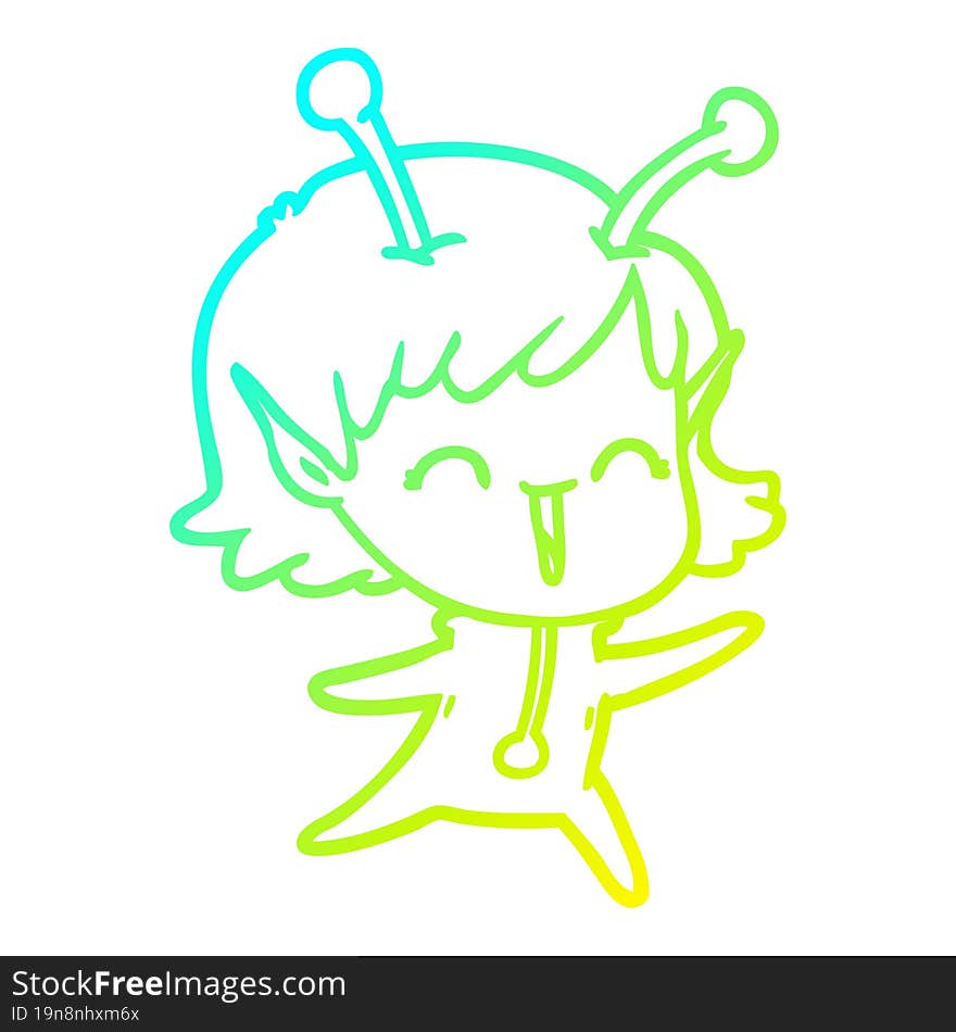 cold gradient line drawing of a cartoon alien girl laughing