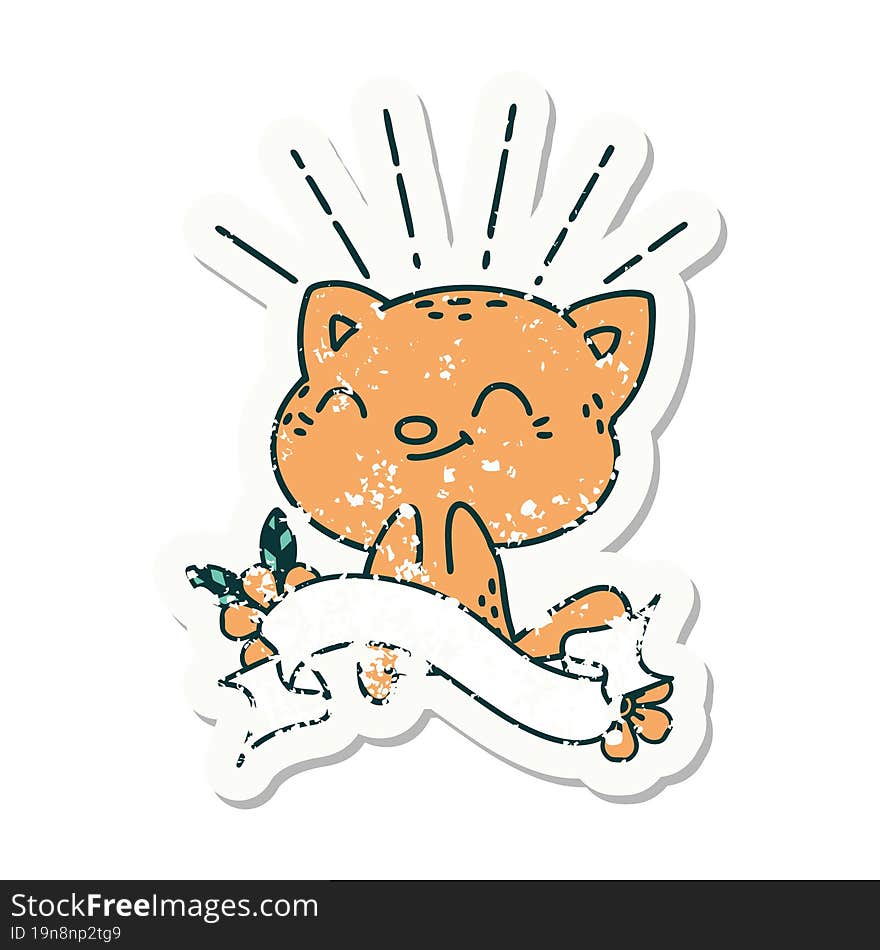 grunge sticker of tattoo style happy cat