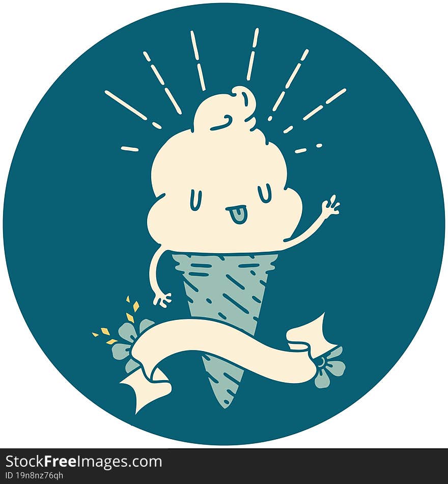 icon of tattoo style ice cream character waving