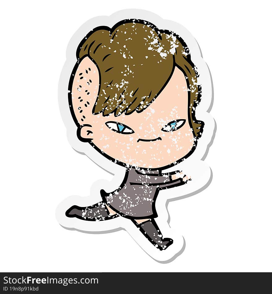 Distressed Sticker Of A Cute Cartoon Girl With Hipster Haircut