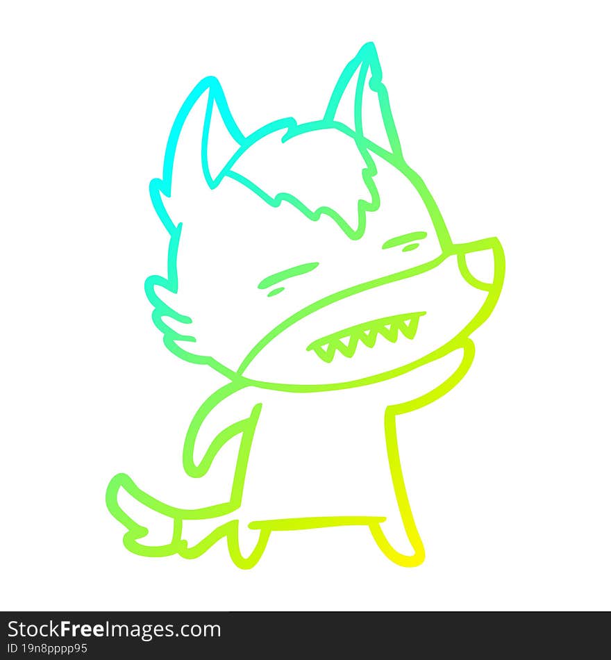 cold gradient line drawing of a cartoon wolf waving showing teeth