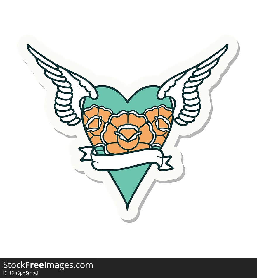 tattoo style sticker of a heart with wings and banner