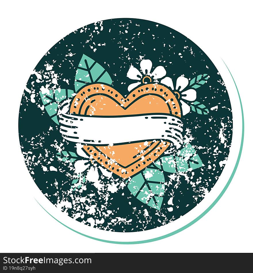 distressed sticker tattoo style icon of a heart and banner