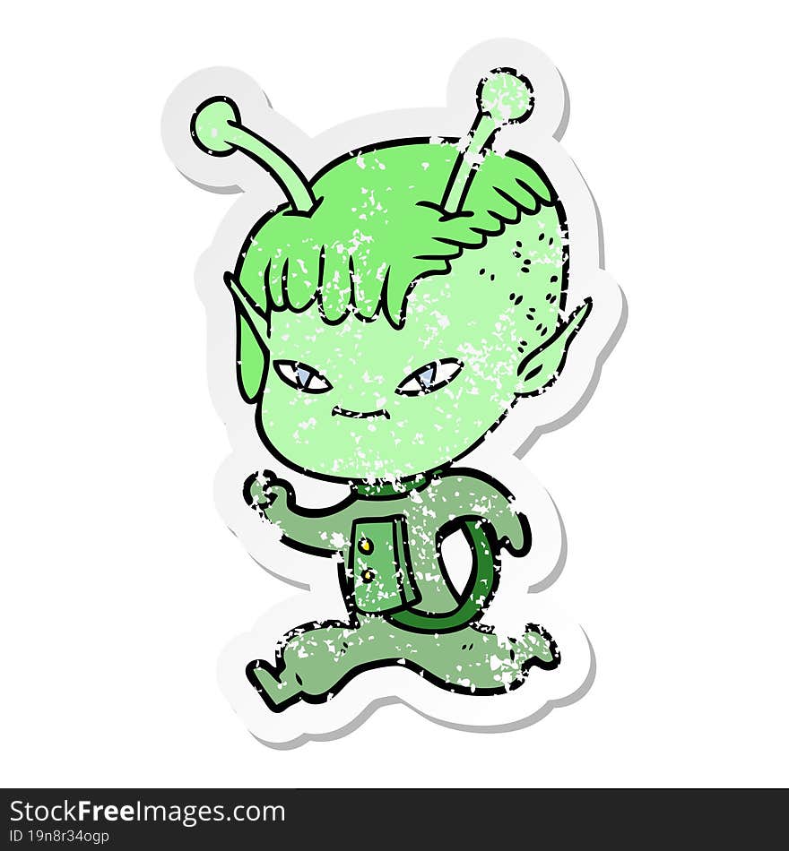 distressed sticker of a cute cartoon alien girl