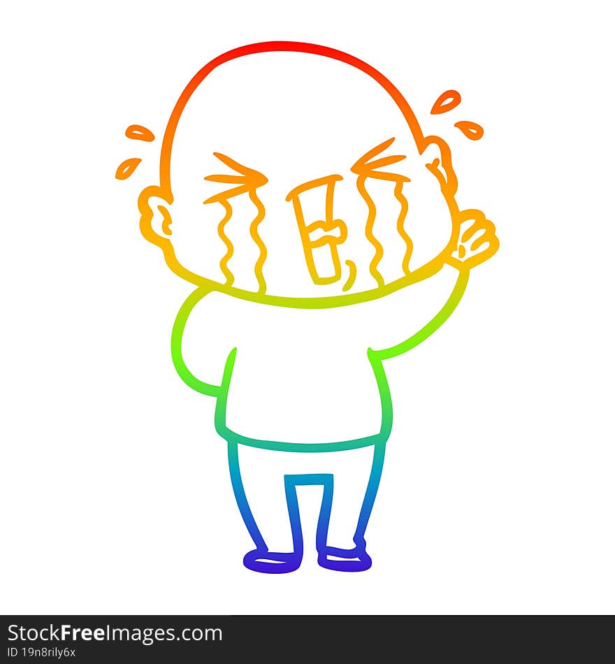 Rainbow Gradient Line Drawing Cartoon Crying Bald Man