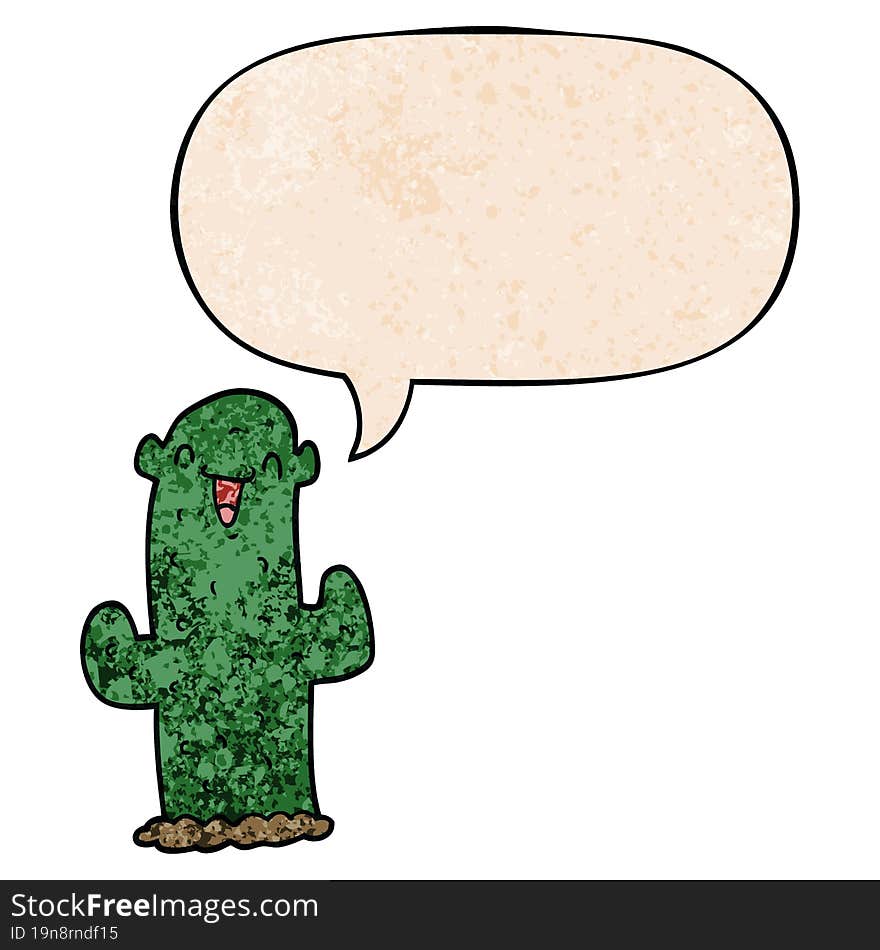 cartoon cactus and speech bubble in retro texture style