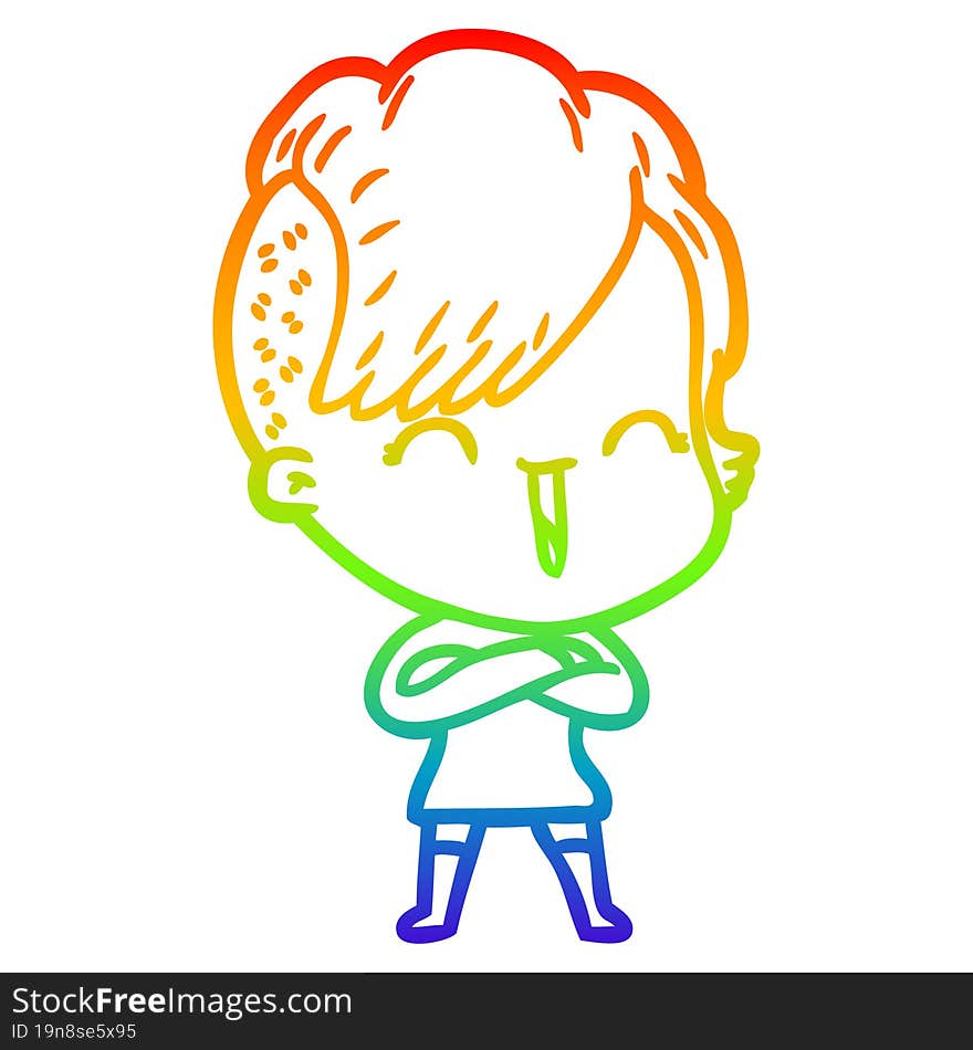 Rainbow Gradient Line Drawing Cartoon Happy Hipster Girl