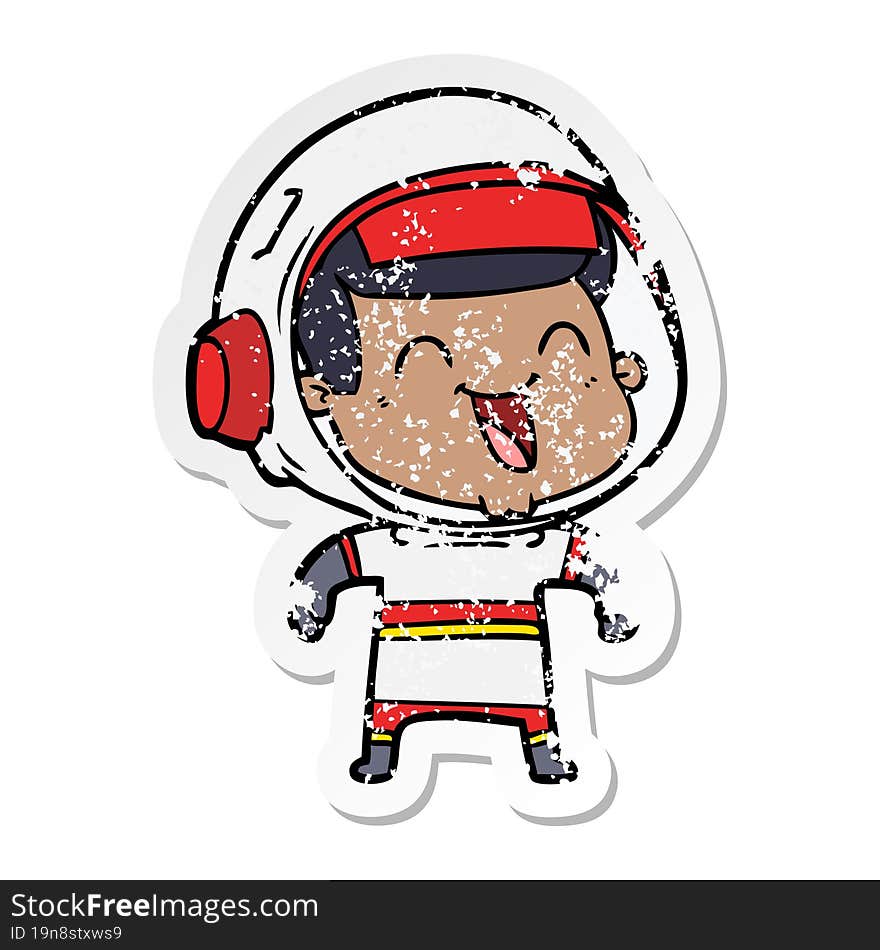 distressed sticker of a happy cartoon astronaut