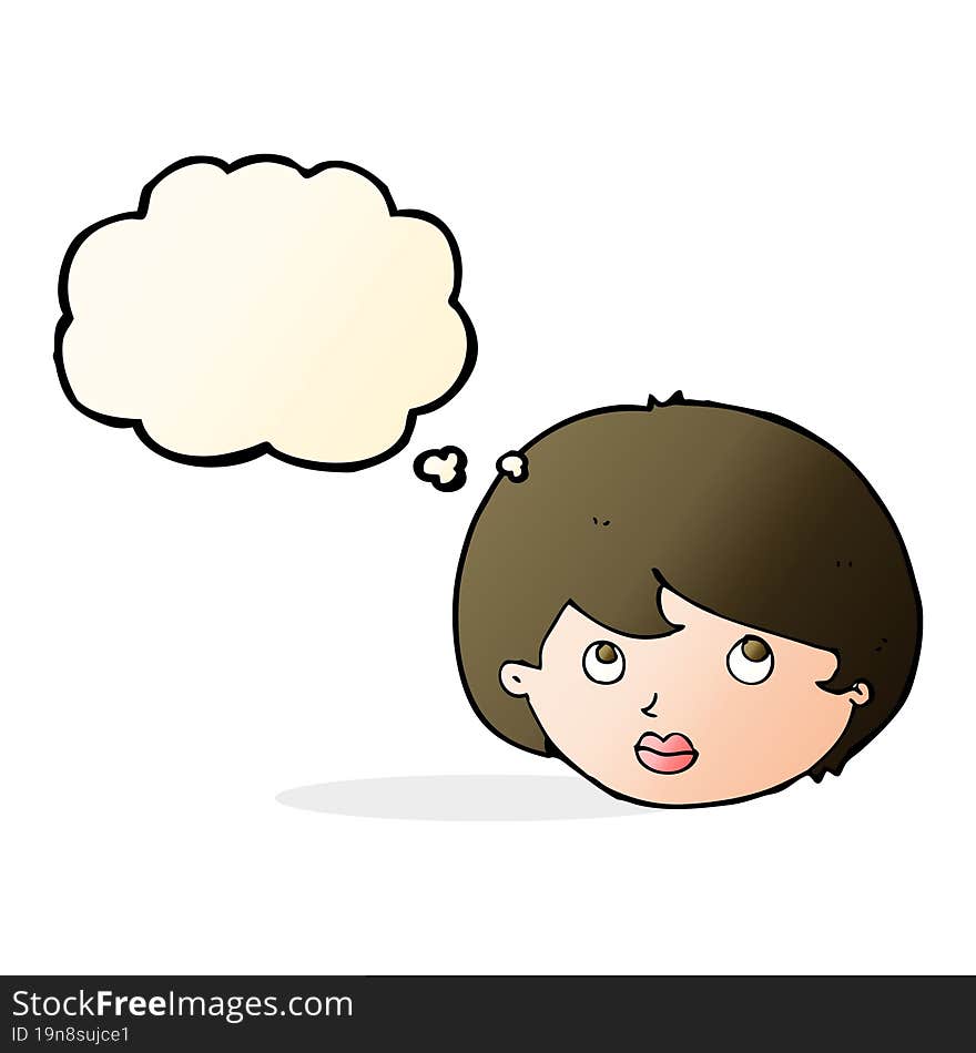 cartoon female face looking upwards with thought bubble