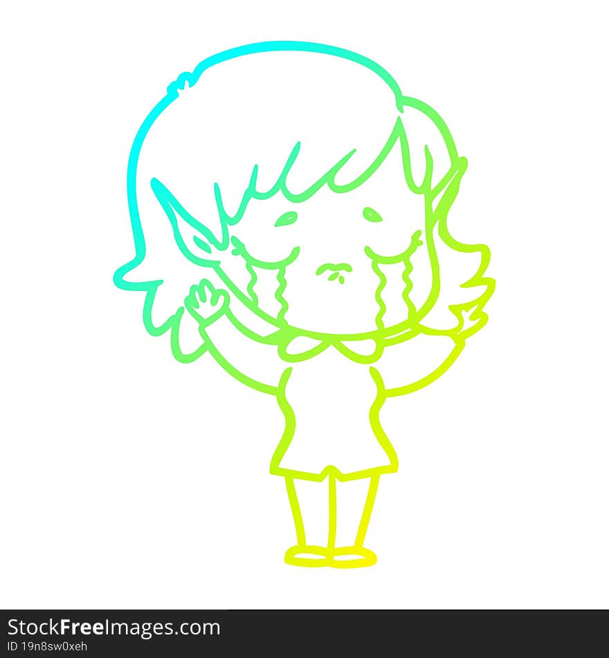 Cold Gradient Line Drawing Cartoon Crying Elf Girl