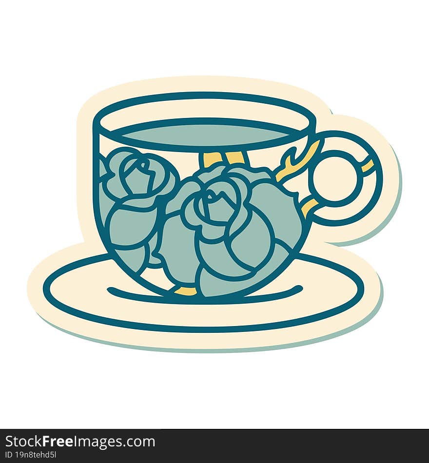 Tattoo Style Sticker Of A Cup And Flowers