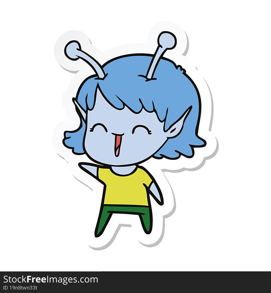 sticker of a cartoon alien girl laughing