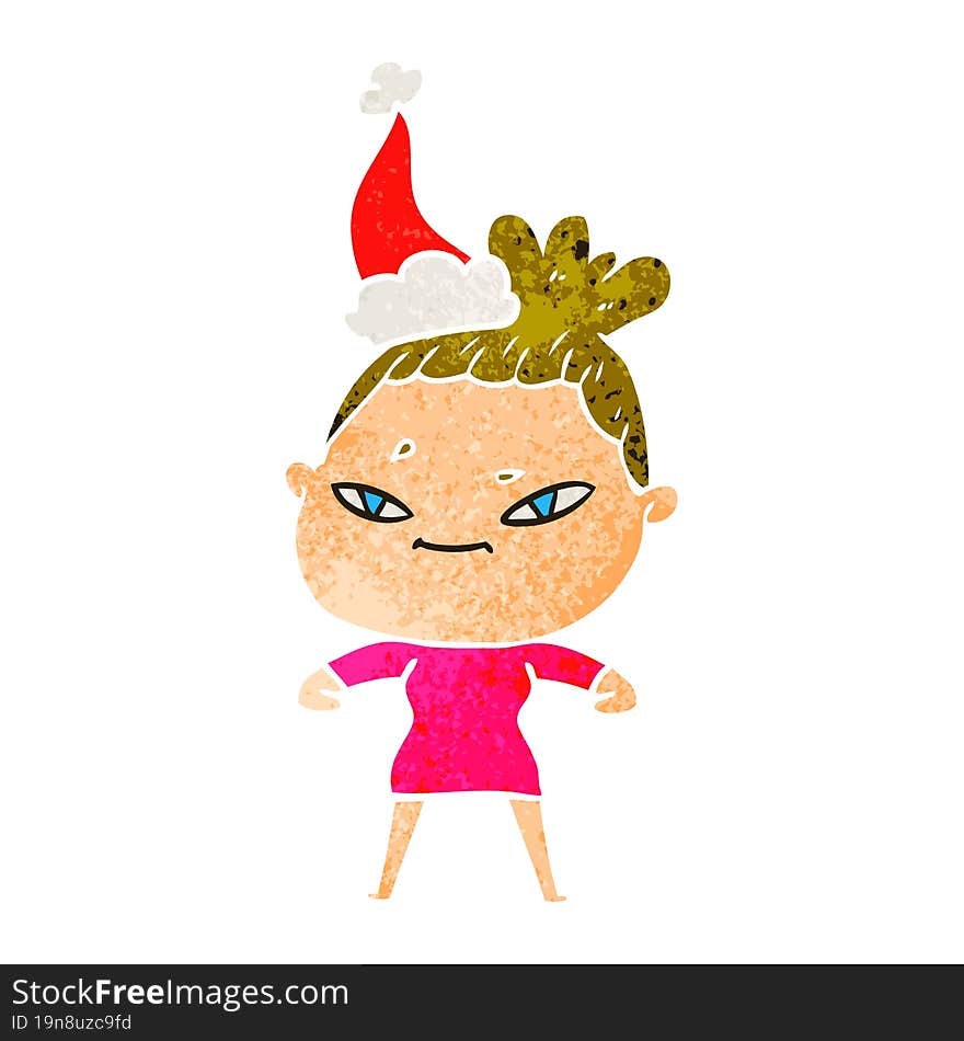 hand drawn retro cartoon of a woman wearing santa hat