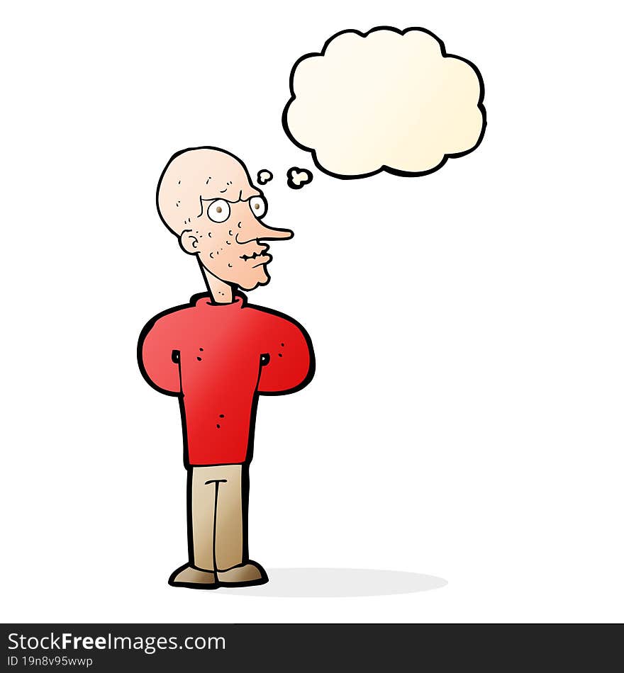 cartoon evil bald man with thought bubble